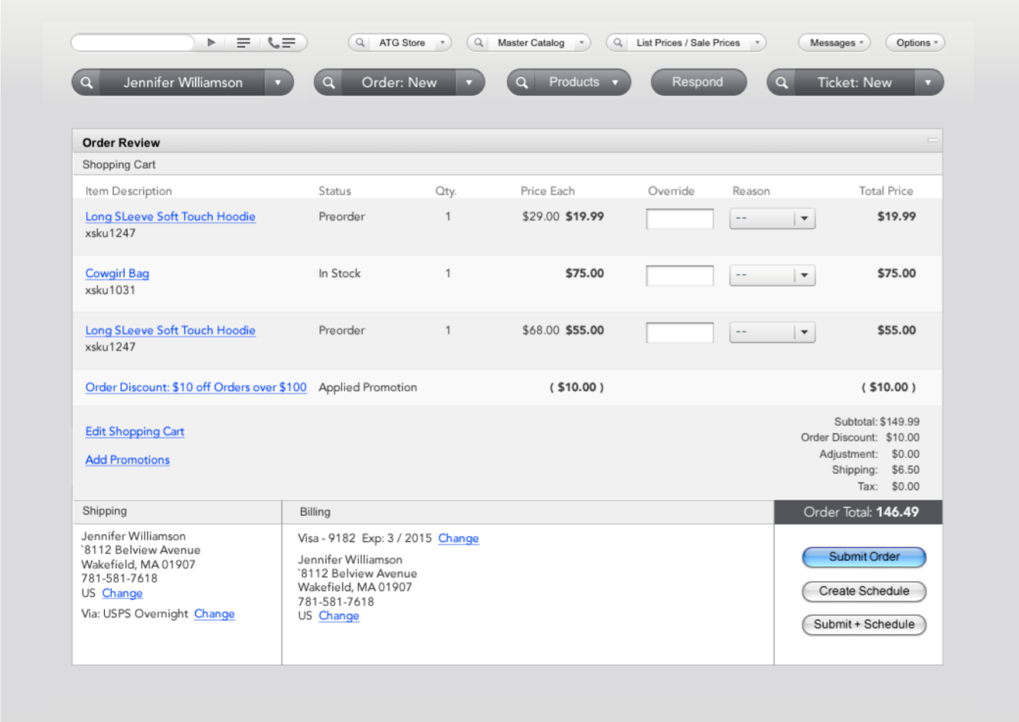 The redesigned Commerce Service Center: one row of unified search fields across the top, then a single flat Order Review panel with the shopping cart, shipping and billing, and one primary Submit Order button.
